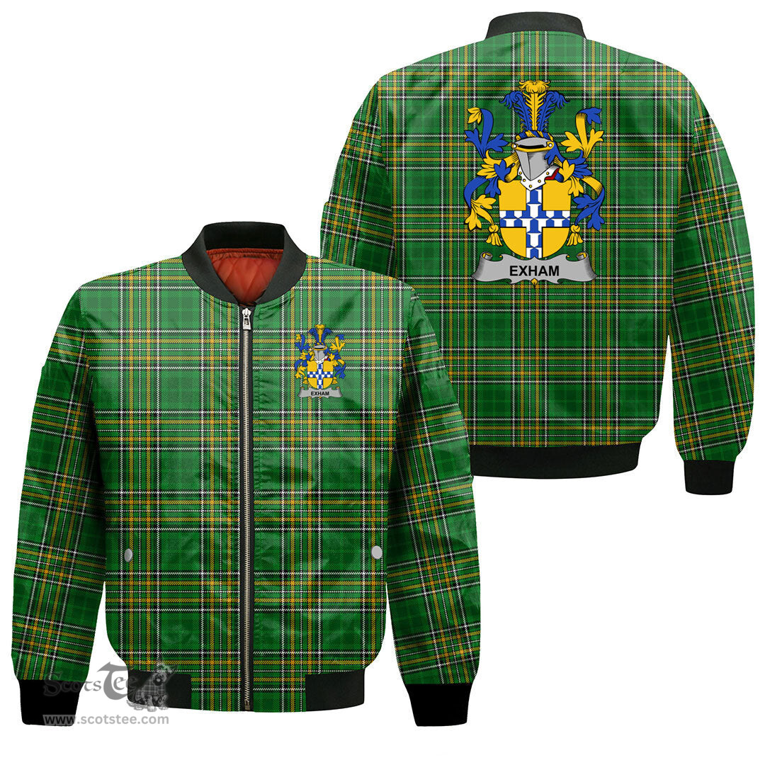 Irish Exham Coat of Arms Family Crest Ireland Bomber Jacket Irish National Tartan Irish County Jacket