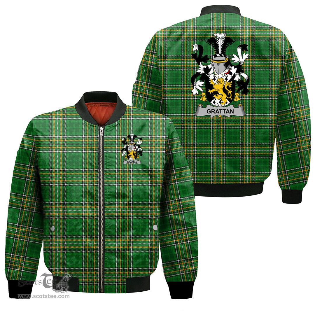 Irish Grattan or McGrattan Coat of Arms Family Crest Ireland Bomber Jacket Irish National Tartan Irish County Jacket