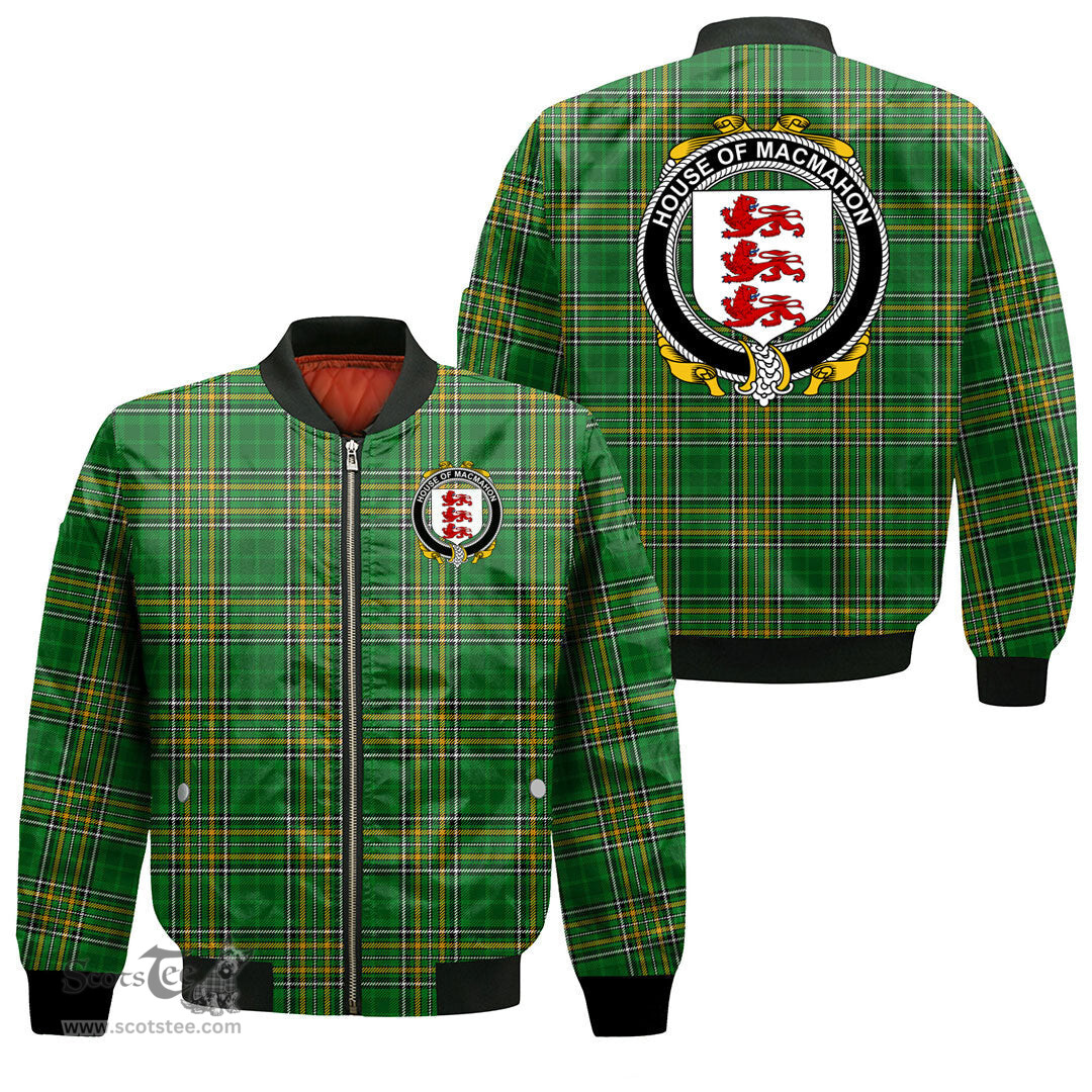 Irish House of MACMAHON Thomond Coat of Arms Family Crest Ireland Bomber Jacket Irish National Tartan Irish County Jacket
