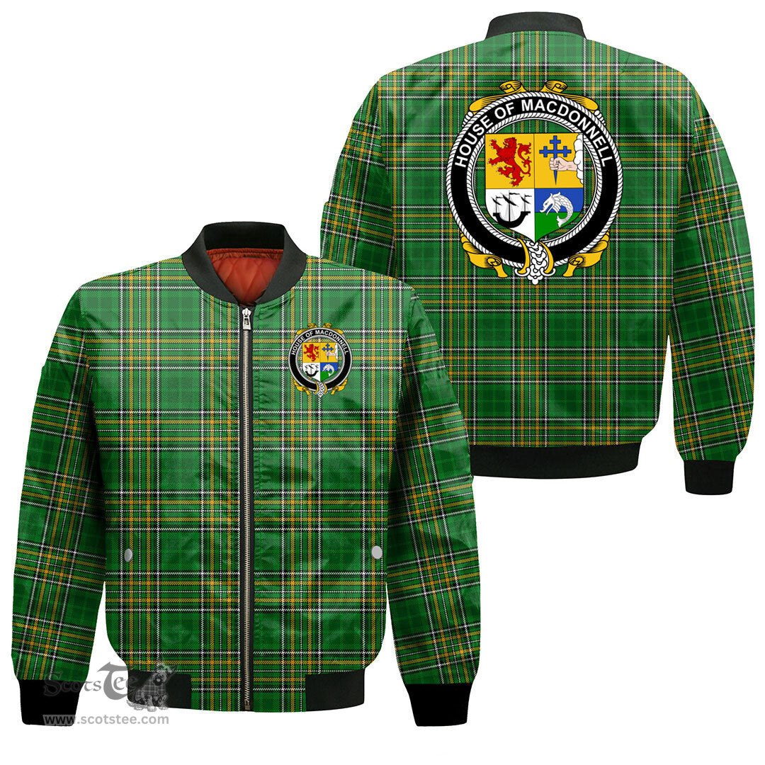 Irish House of MACDONNELL of the Glens Coat of Arms Family Crest Ireland Bomber Jacket Irish National Tartan Irish County Jacket