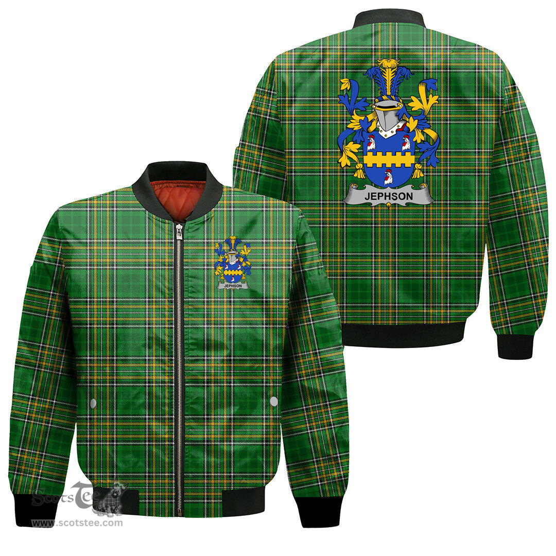 Irish Jephson Coat of Arms Family Crest Ireland Bomber Jacket Irish National Tartan Irish County Jacket