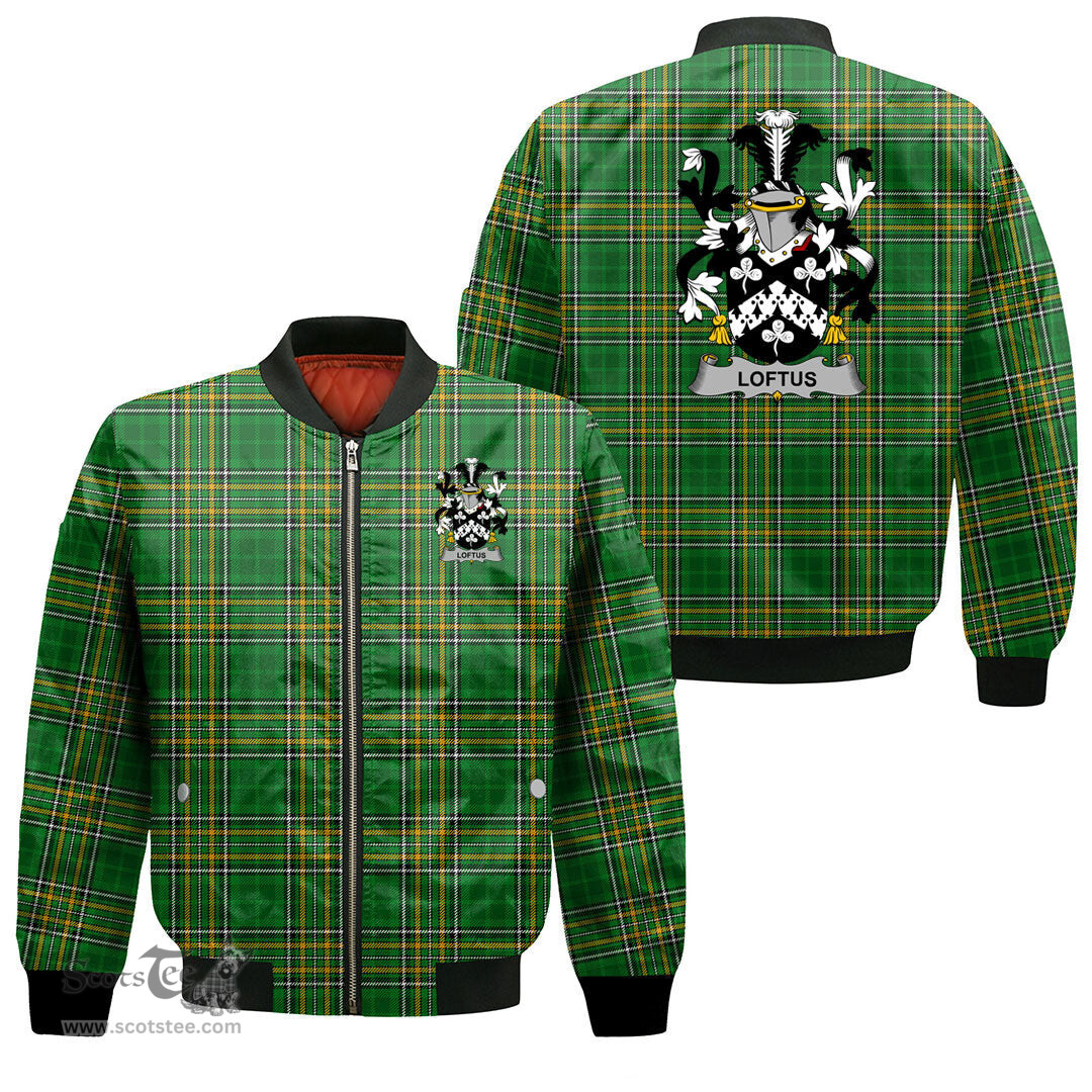 Irish Loftus Coat of Arms Family Crest Ireland Bomber Jacket Irish National Tartan Irish County Jacket
