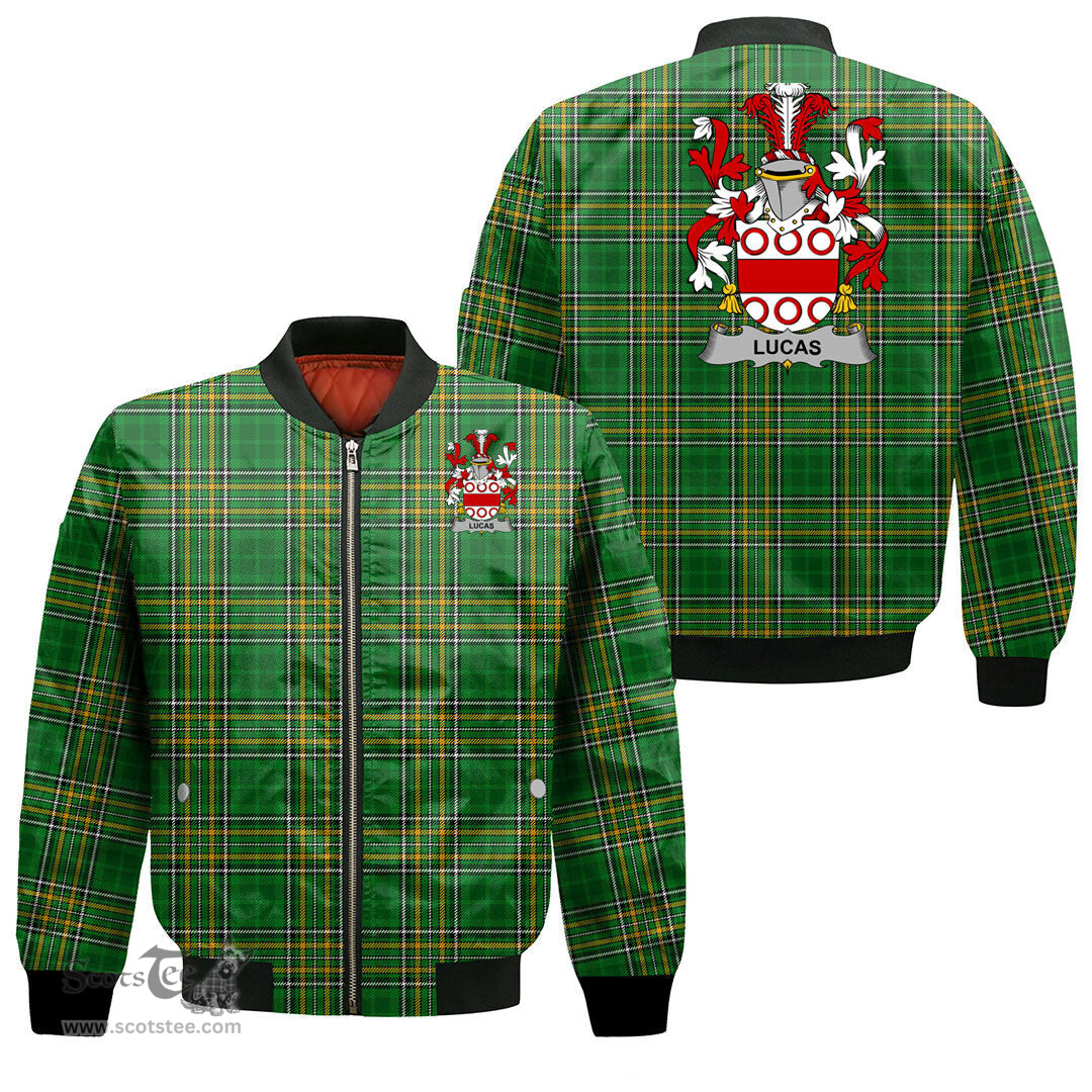Irish Lucas or Luke Coat of Arms Family Crest Ireland Bomber Jacket Irish National Tartan Irish County Jacket