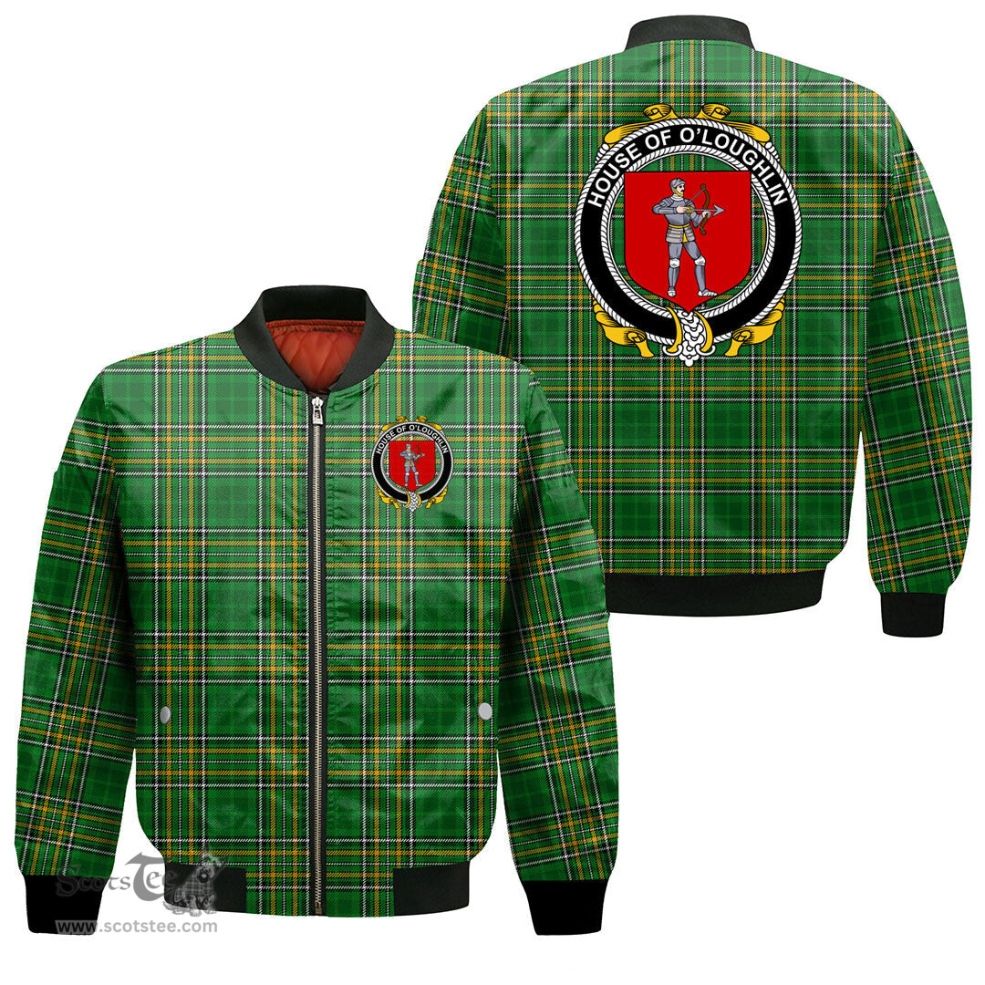 Irish House of O LOUGHLIN Coat of Arms Family Crest Ireland Bomber Jacket Irish National Tartan Irish County Jacket