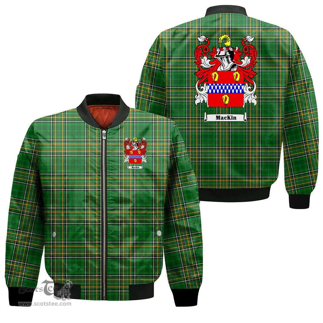 Irish Mackin Coat of Arms Family Crest Ireland Bomber Jacket Irish National Tartan Irish County Jacket