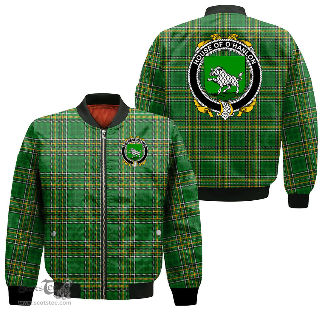Irish House of O HANLON Coat of Arms Family Crest Ireland Bomber Jacket Irish National Tartan Irish County Jacket
