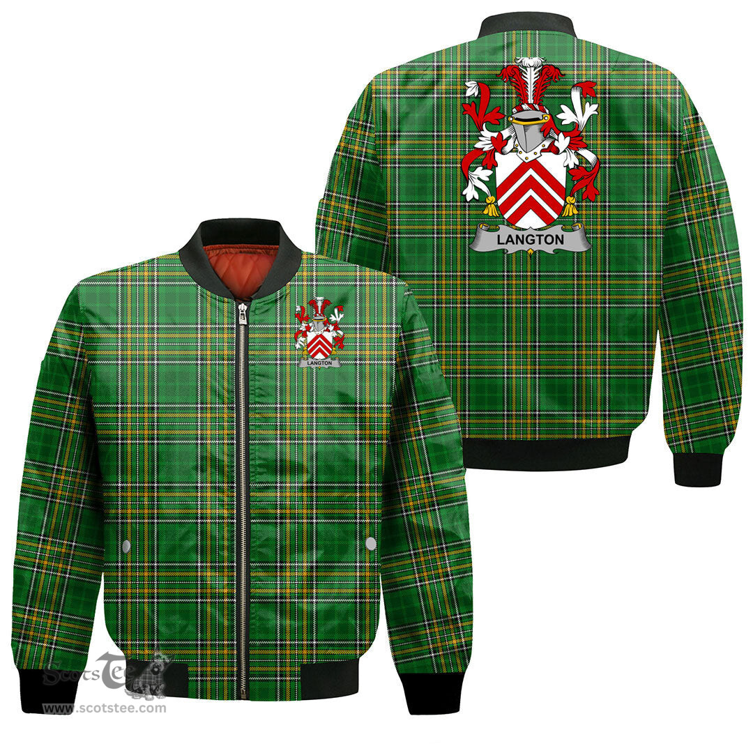 Irish Langton Coat of Arms Family Crest Ireland Bomber Jacket Irish National Tartan Irish County Jacket