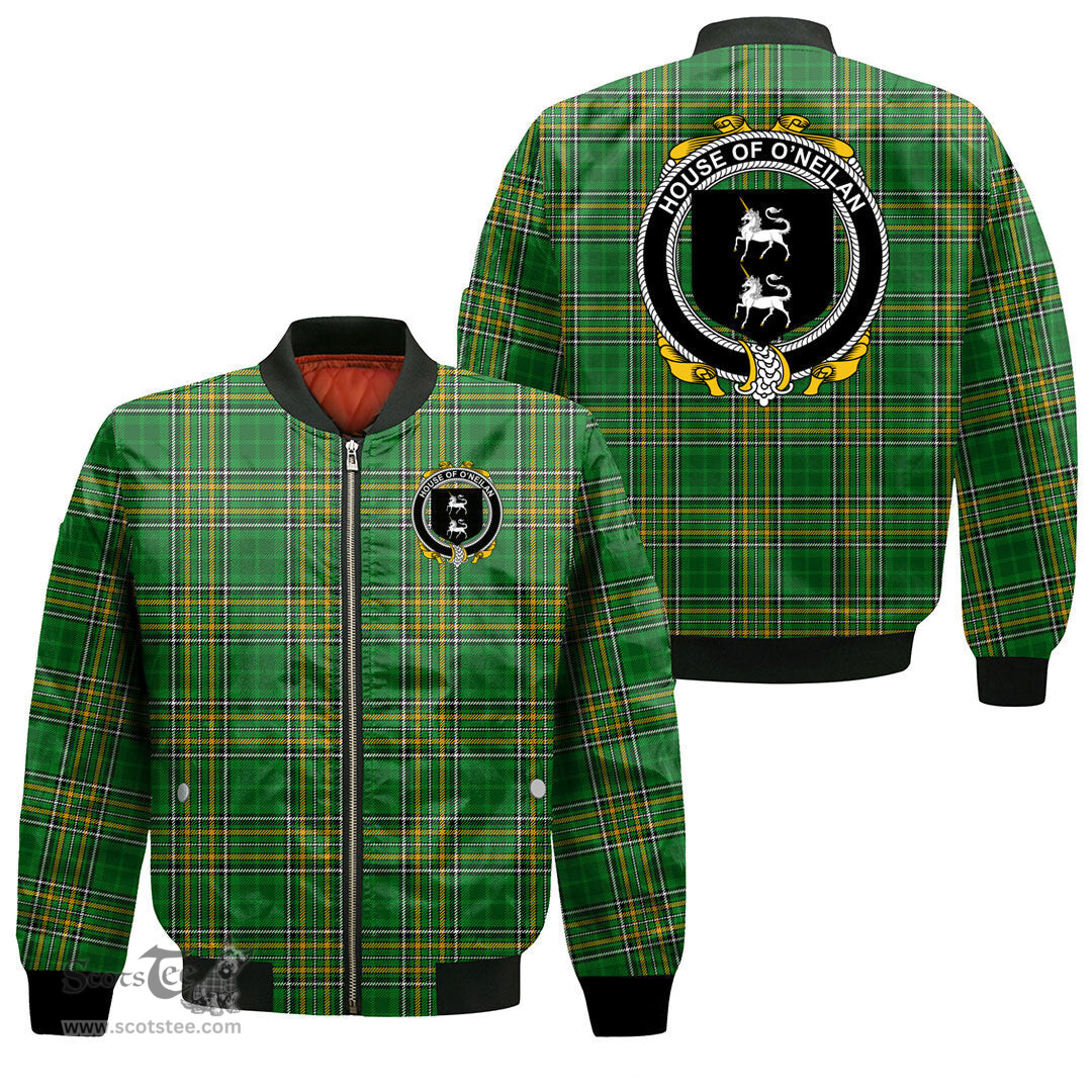 Irish House of O NEILAN Coat of Arms Family Crest Ireland Bomber Jacket Irish National Tartan Irish County Jacket