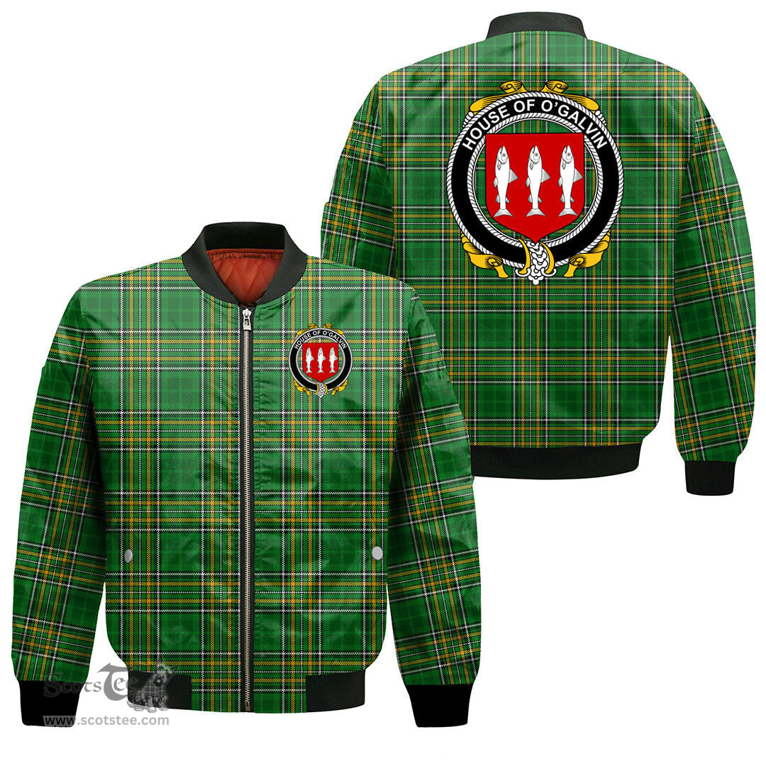 Irish House of O GALVIN Coat of Arms Family Crest Ireland Bomber Jacket Irish National Tartan Irish County Jacket