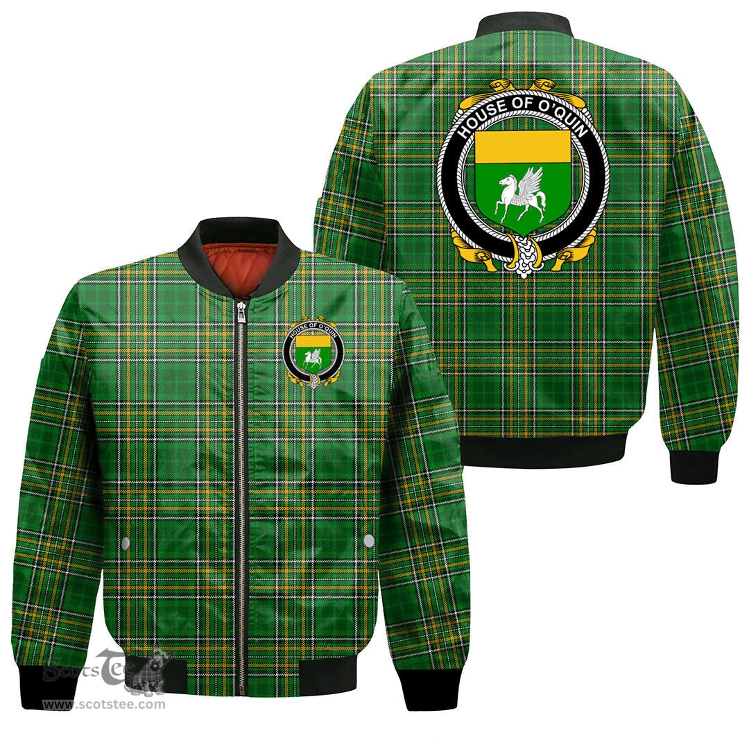 Irish House of O QUIN Annaly Coat of Arms Family Crest Ireland Bomber Jacket Irish National Tartan Irish County Jacket