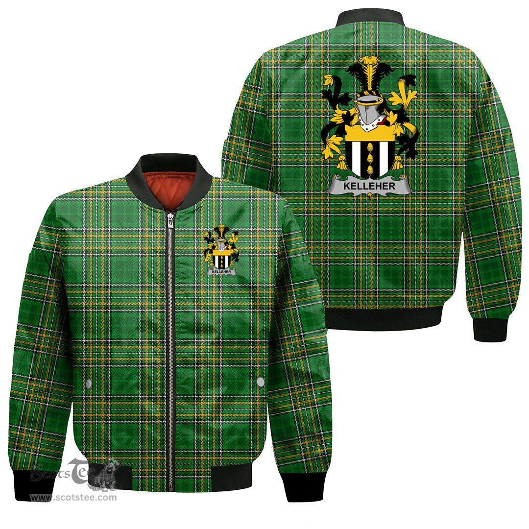 Irish Kelleher or O Kelleher Coat of Arms Family Crest Ireland Bomber Jacket Irish National Tartan Irish County Jacket