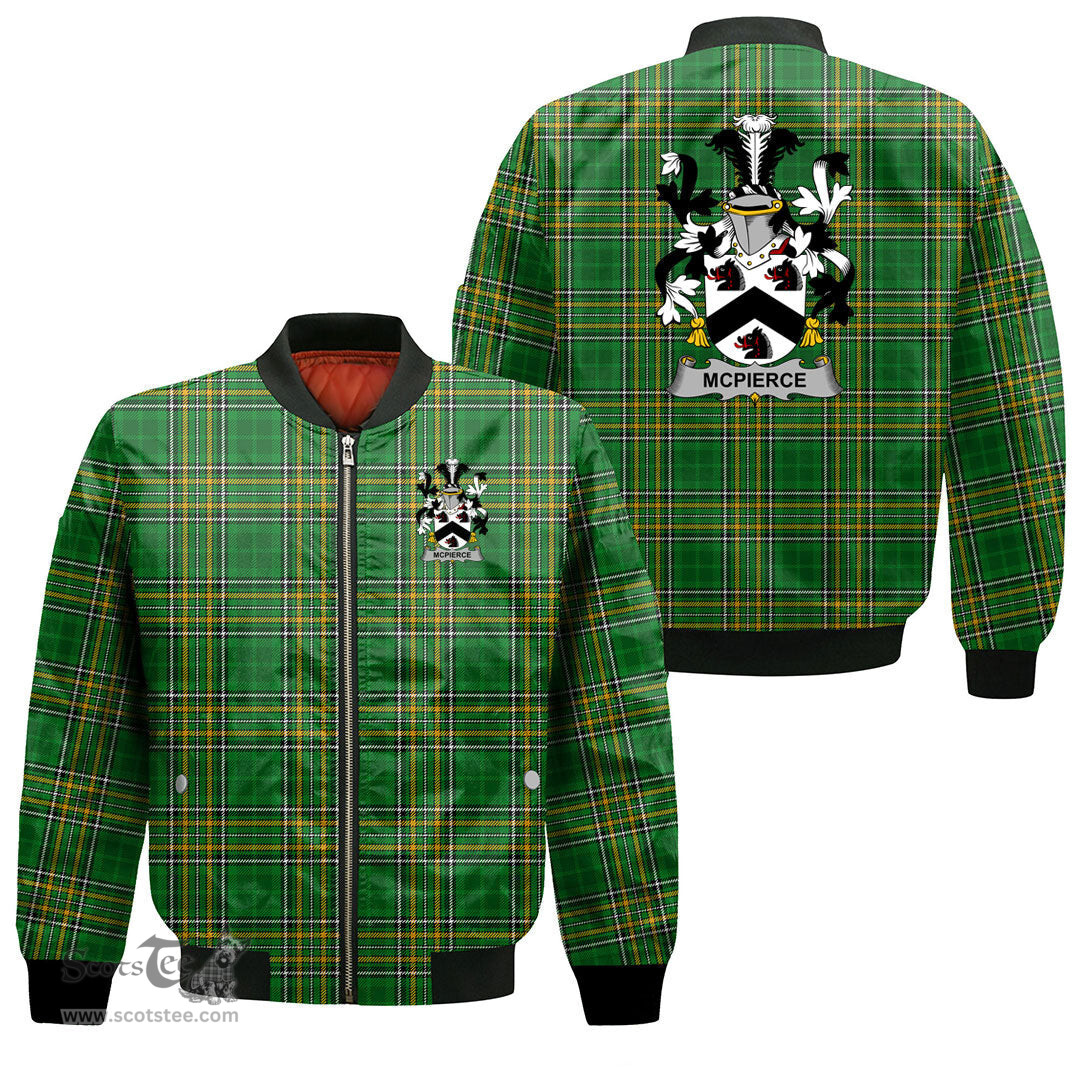 Irish McPierce or Pierce Coat of Arms Family Crest Ireland Bomber Jacket Irish National Tartan Irish County Jacket