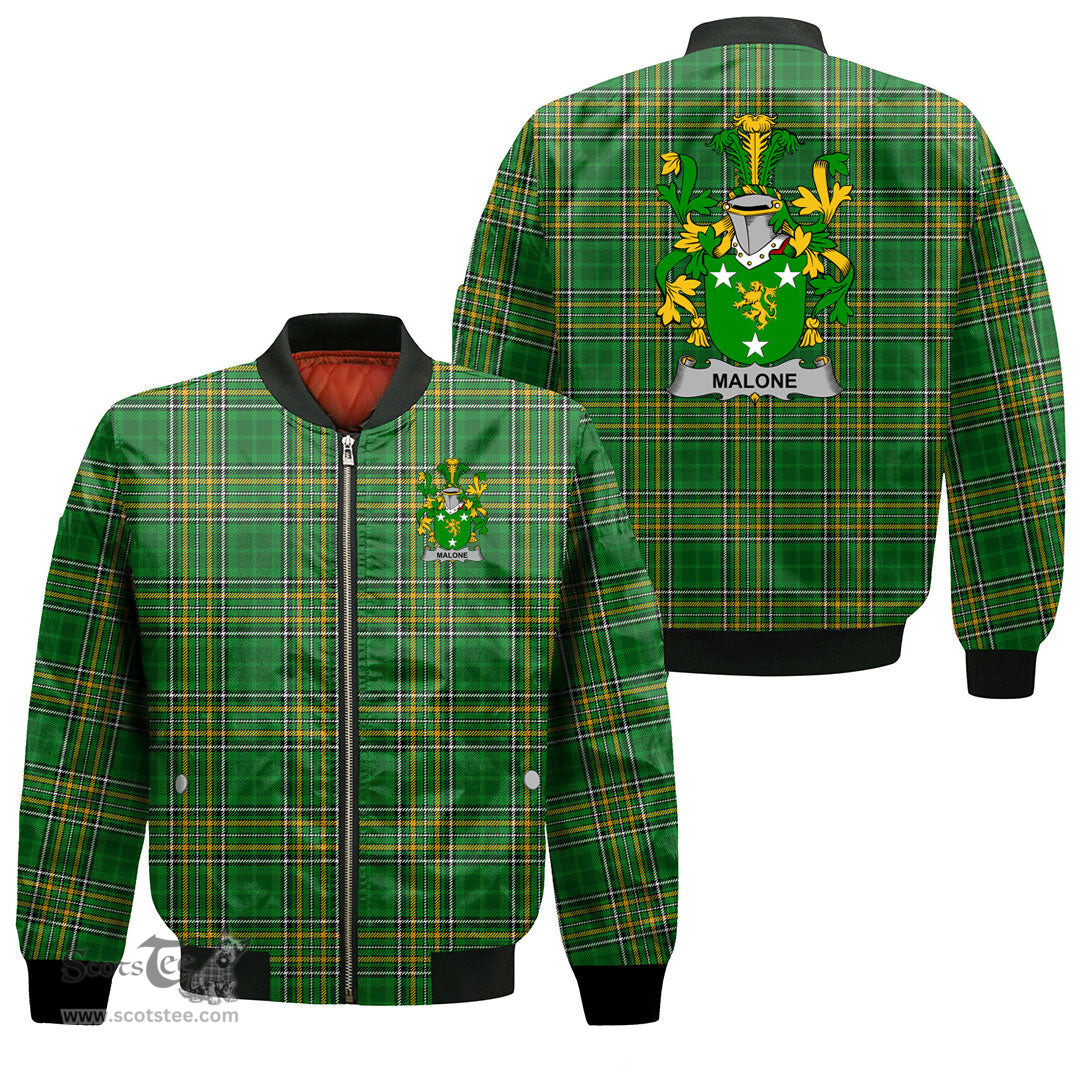 Irish Malone or O Malone Coat of Arms Family Crest Ireland Bomber Jacket Irish National Tartan Irish County Jacket