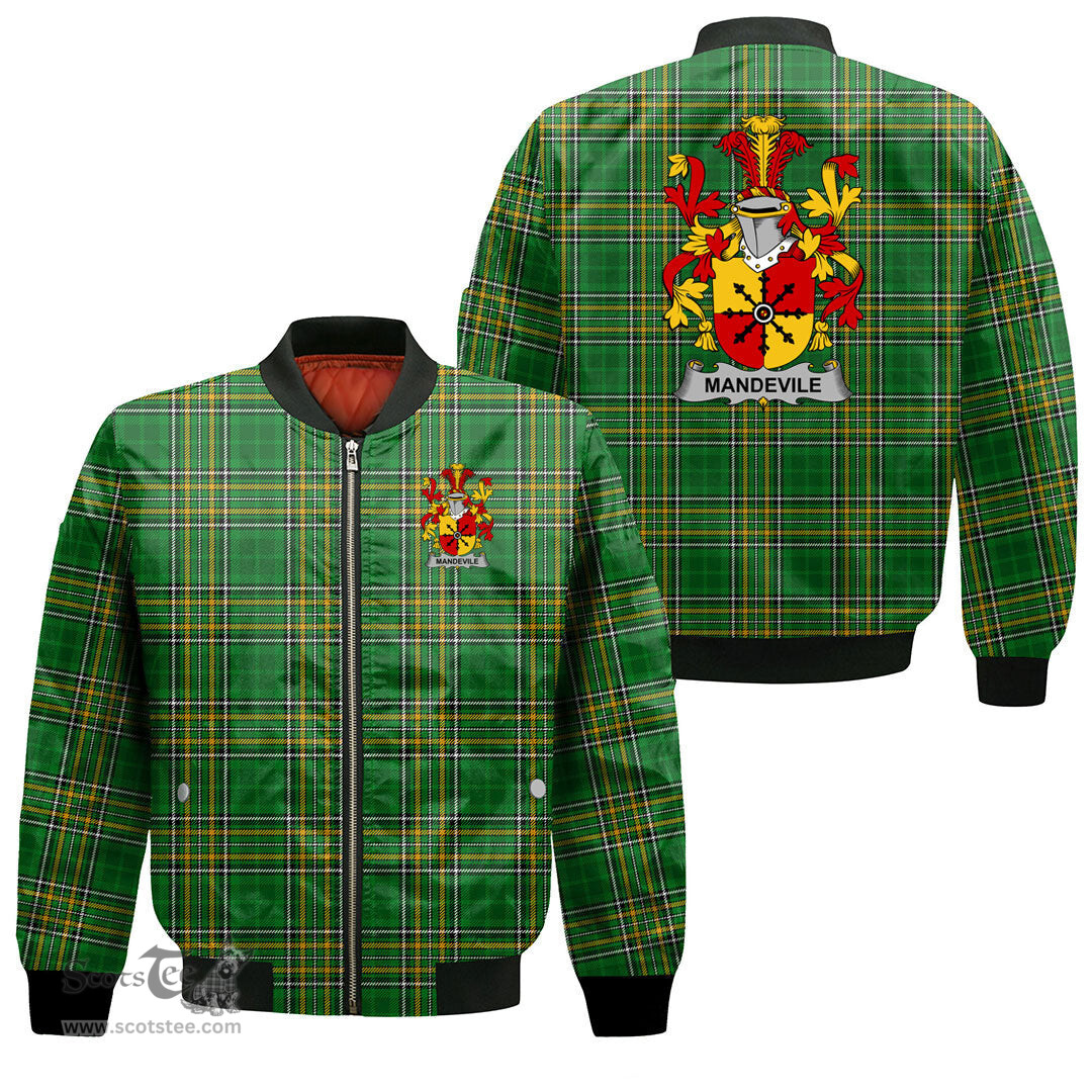 Irish Mandevile Coat of Arms Family Crest Ireland Bomber Jacket Irish National Tartan Irish County Jacket