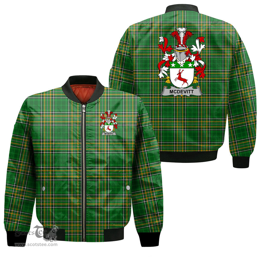 Irish McDevitt Coat of Arms Family Crest Ireland Bomber Jacket Irish National Tartan Irish County Jacket
