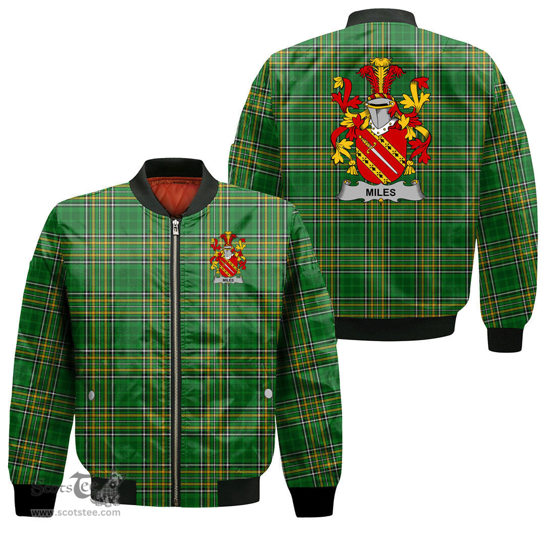 Irish Miles or Moyles Coat of Arms Family Crest Ireland Bomber Jacket Irish National Tartan Irish County Jacket