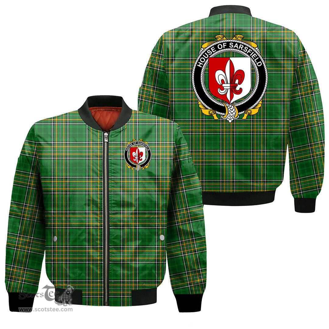 Irish House of SARSFIELD Coat of Arms Family Crest Ireland Bomber Jacket Irish National Tartan Irish County Jacket