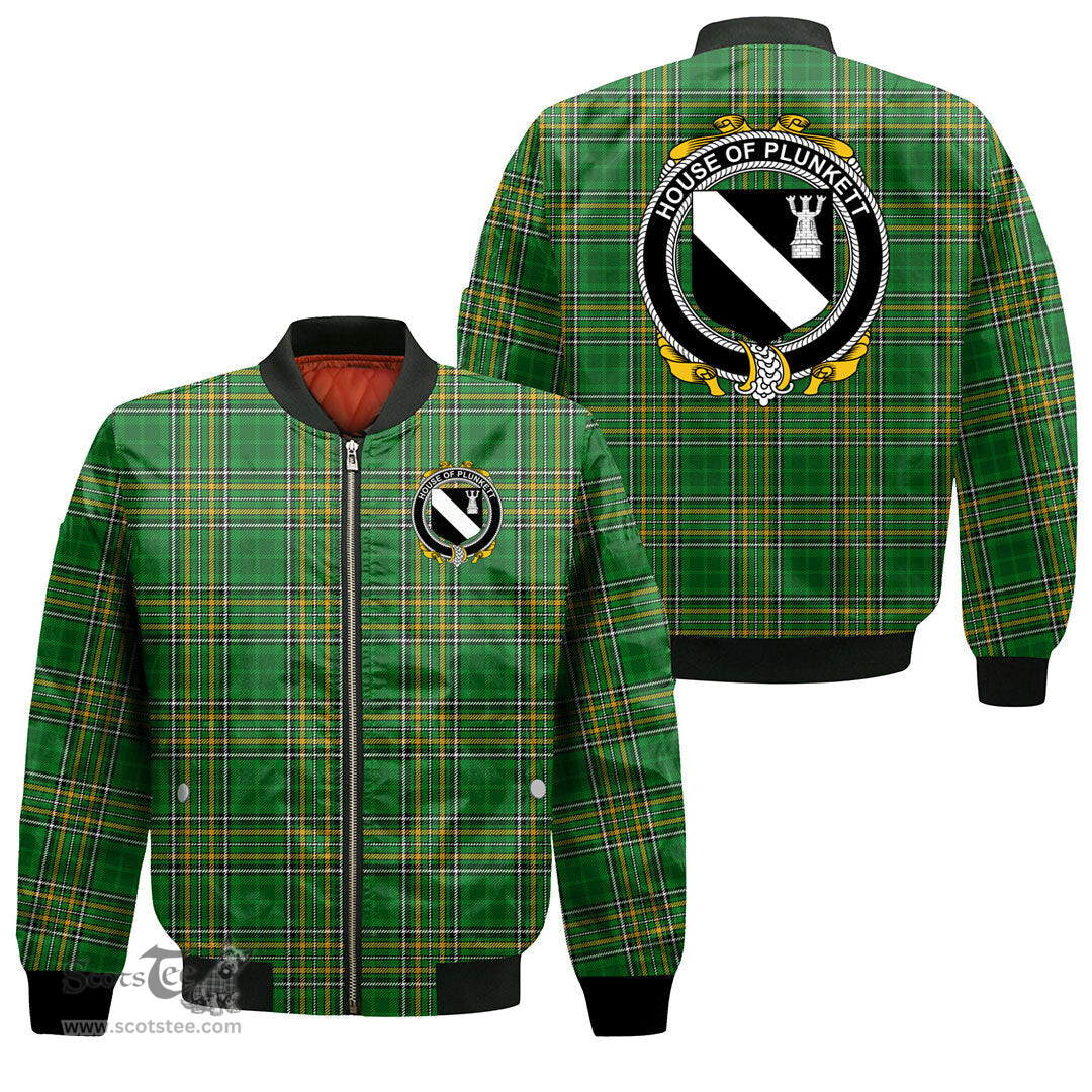 Irish House of PLUNKETT Coat of Arms Family Crest Ireland Bomber Jacket Irish National Tartan Irish County Jacket