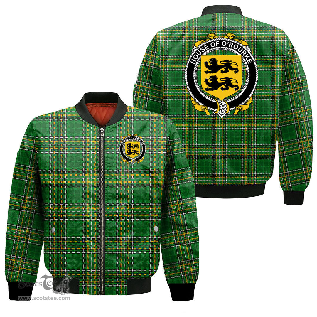 Irish House of O ROURKE Coat of Arms Family Crest Ireland Bomber Jacket Irish National Tartan Irish County Jacket