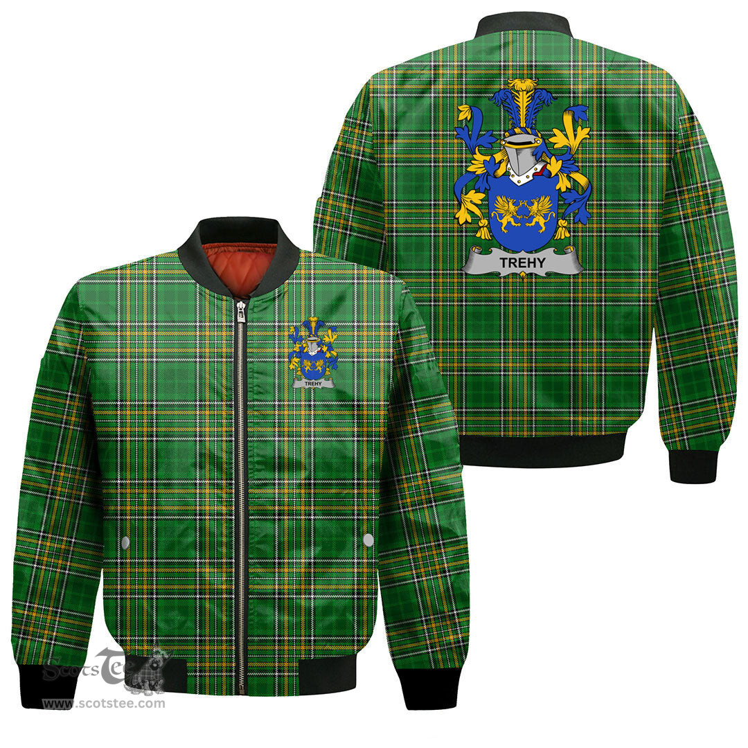 Irish Trehy or O Trehy Coat of Arms Family Crest Ireland Bomber Jacket Irish National Tartan Irish County Jacket