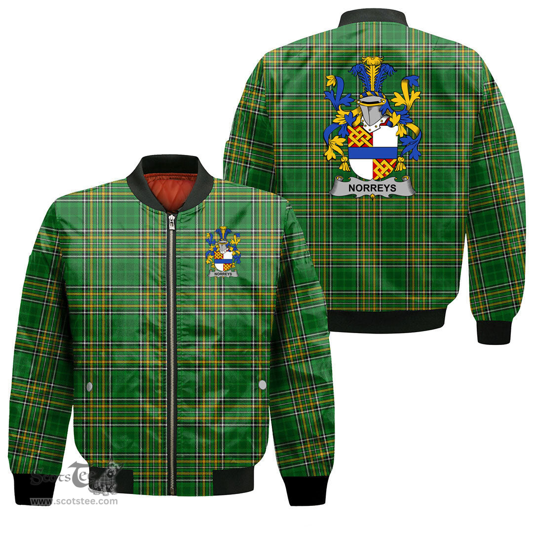 Irish Norreys Coat of Arms Family Crest Ireland Bomber Jacket Irish National Tartan Irish County Jacket