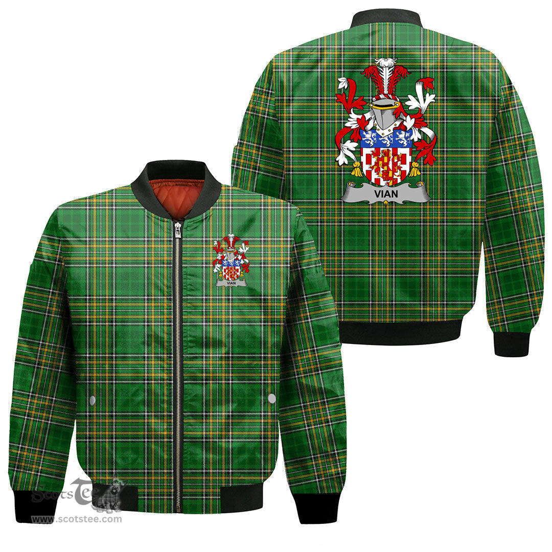 Irish Vian Coat of Arms Family Crest Ireland Bomber Jacket Irish National Tartan Irish County Jacket