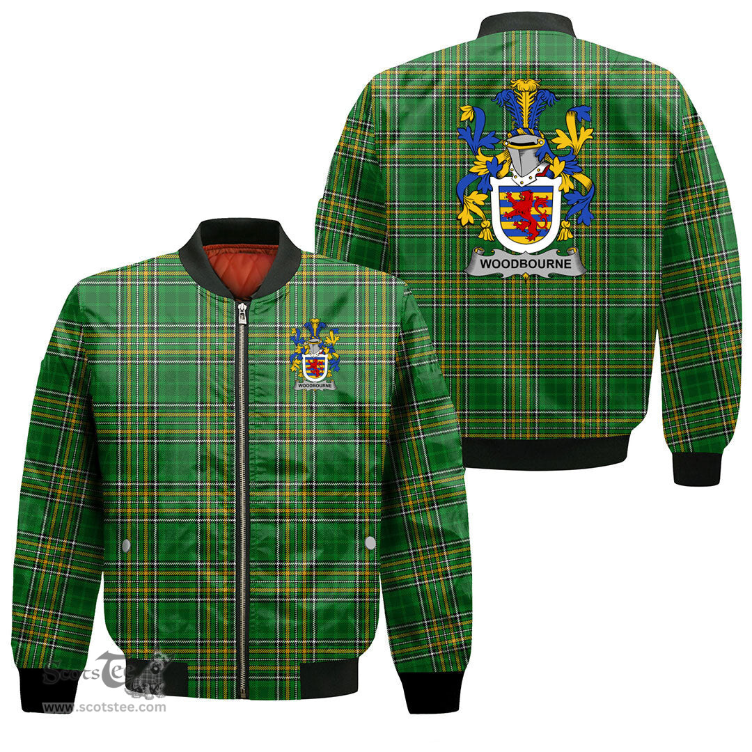 Irish Woodbourne Coat of Arms Family Crest Ireland Bomber Jacket Irish National Tartan Irish County Jacket