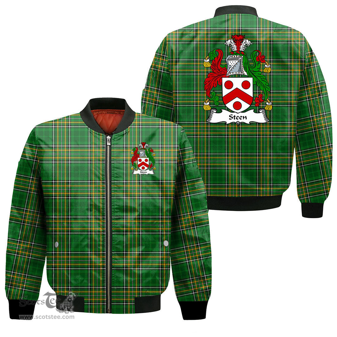 Irish Steen Coat of Arms Family Crest Ireland Bomber Jacket Irish National Tartan Irish County Jacket