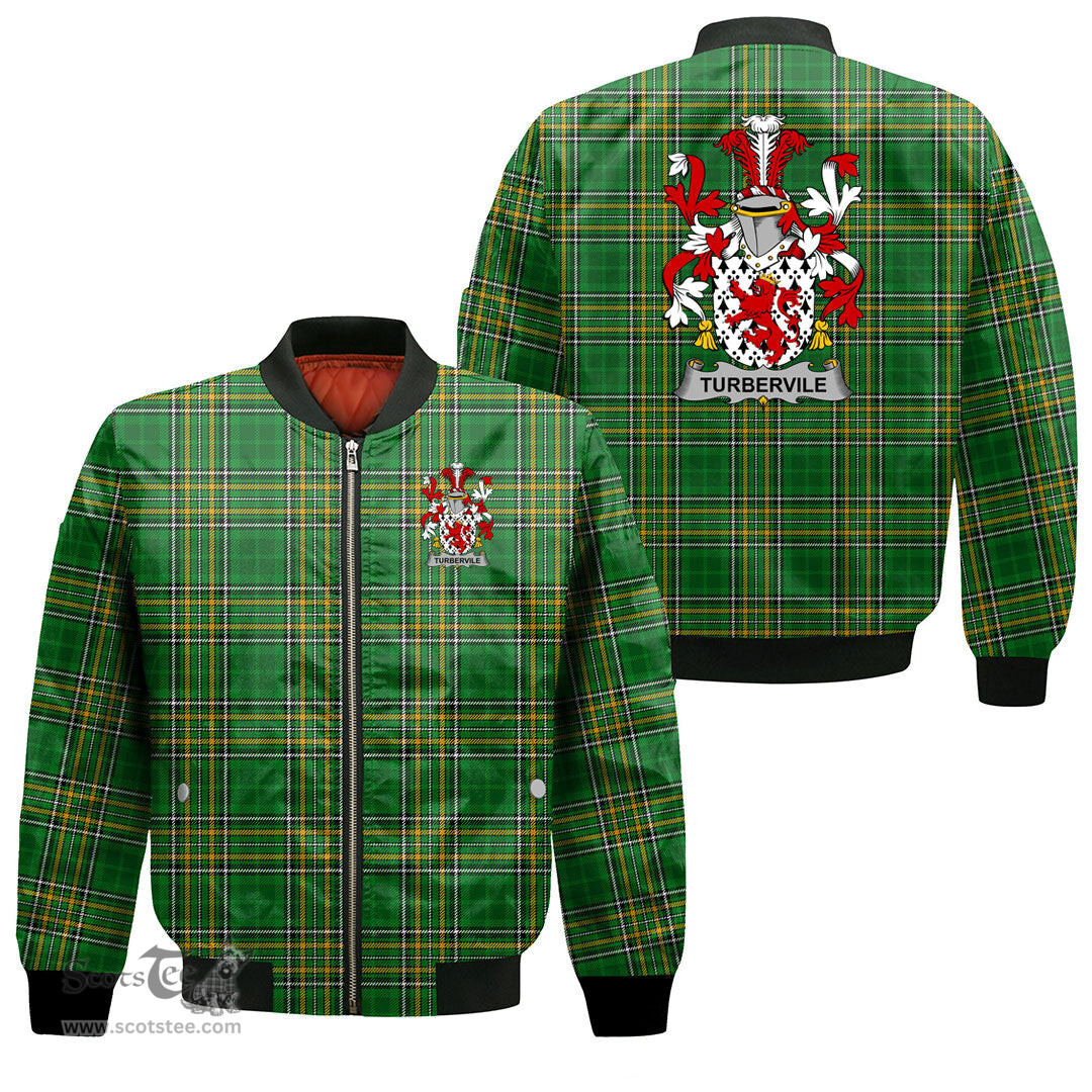Irish Tubervile or Tuberville Coat of Arms Family Crest Ireland Bomber Jacket Irish National Tartan Irish County Jacket