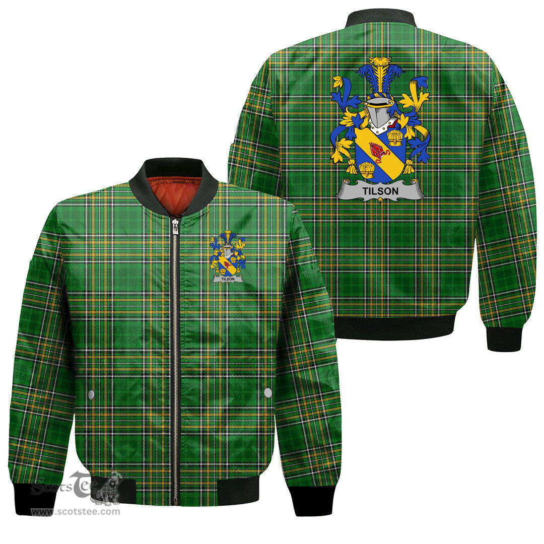 Irish Tilson Coat of Arms Family Crest Ireland Bomber Jacket Irish National Tartan Irish County Jacket