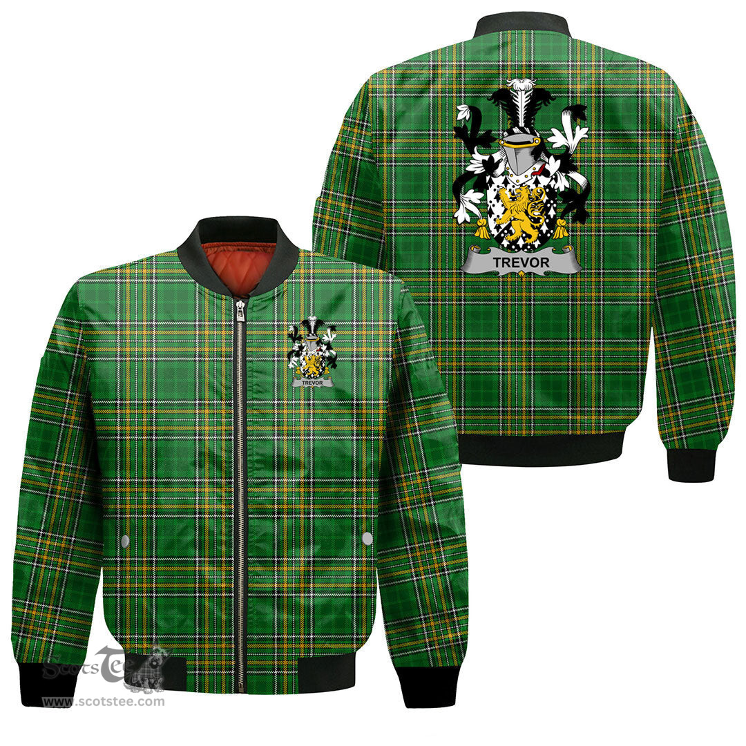 Irish Trevor Coat of Arms Family Crest Ireland Bomber Jacket Irish National Tartan Irish County Jacket