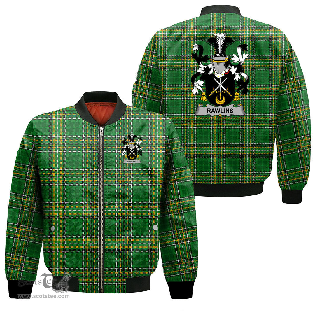 Irish Rawlins Coat of Arms Family Crest Ireland Bomber Jacket Irish National Tartan Irish County Jacket