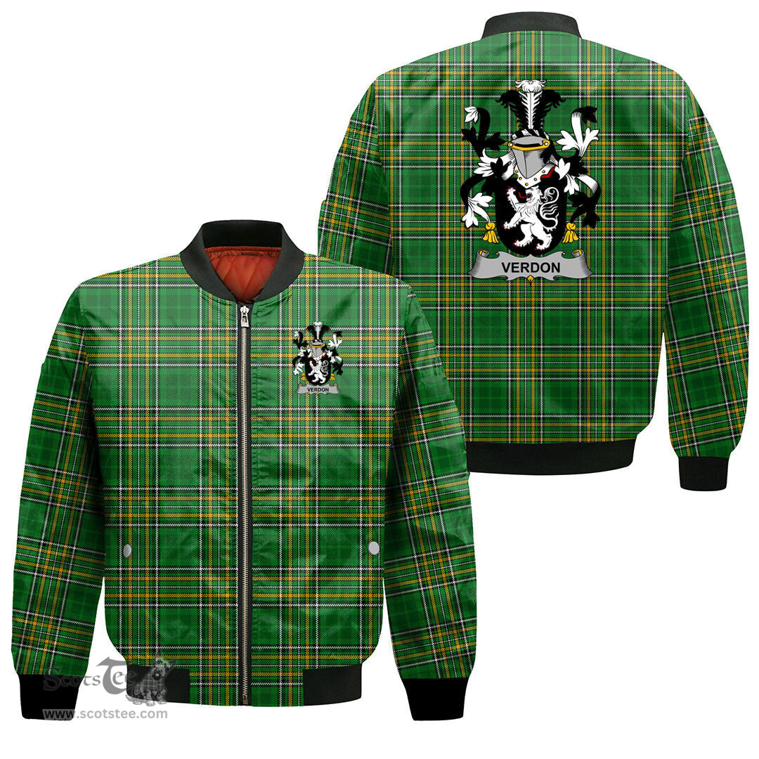 Irish Verdon Coat of Arms Family Crest Ireland Bomber Jacket Irish National Tartan Irish County Jacket
