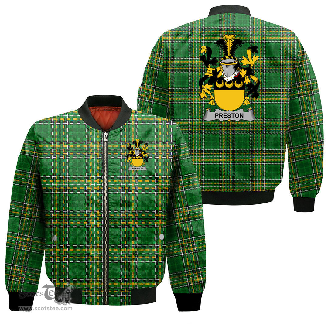 Irish Preston Coat of Arms Family Crest Ireland Bomber Jacket Irish National Tartan Irish County Jacket