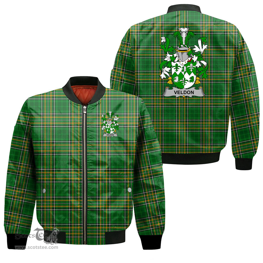 Irish Veldon Coat of Arms Family Crest Ireland Bomber Jacket Irish National Tartan Irish County Jacket