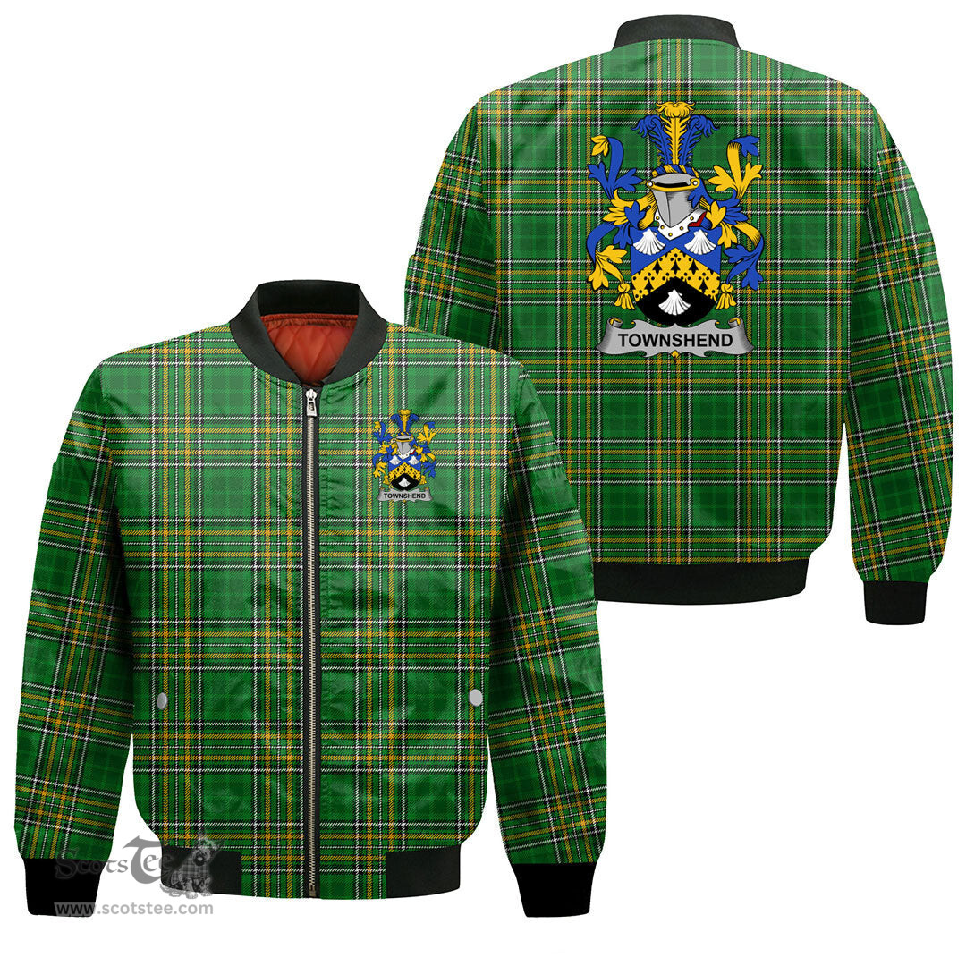 Irish Townshend or Townsend Coat of Arms Family Crest Ireland Bomber Jacket Irish National Tartan Irish County Jacket