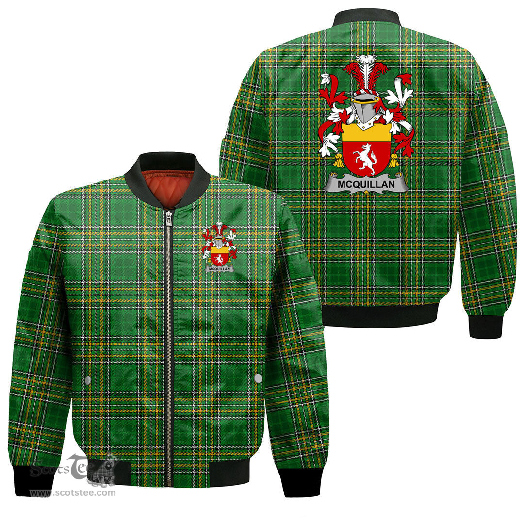 Irish Quillan or McQuillan Coat of Arms Family Crest Ireland Bomber Jacket Irish National Tartan Irish County Jacket
