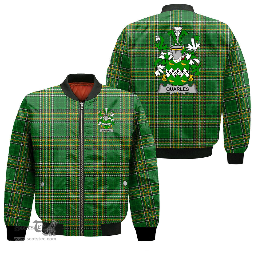Irish Quarles Coat of Arms Family Crest Ireland Bomber Jacket Irish National Tartan Irish County Jacket