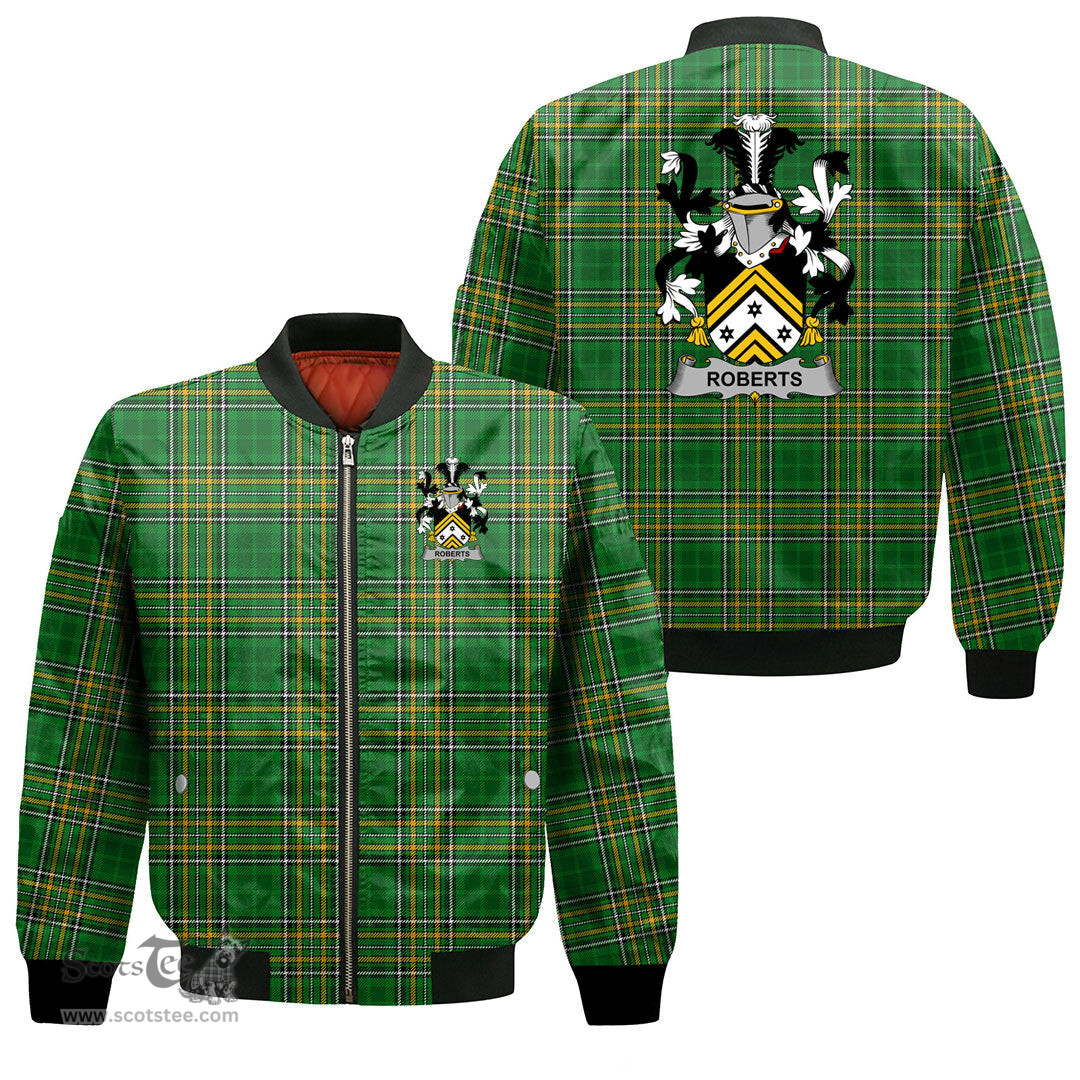 Irish Roberts Coat of Arms Family Crest Ireland Bomber Jacket Irish National Tartan Irish County Jacket