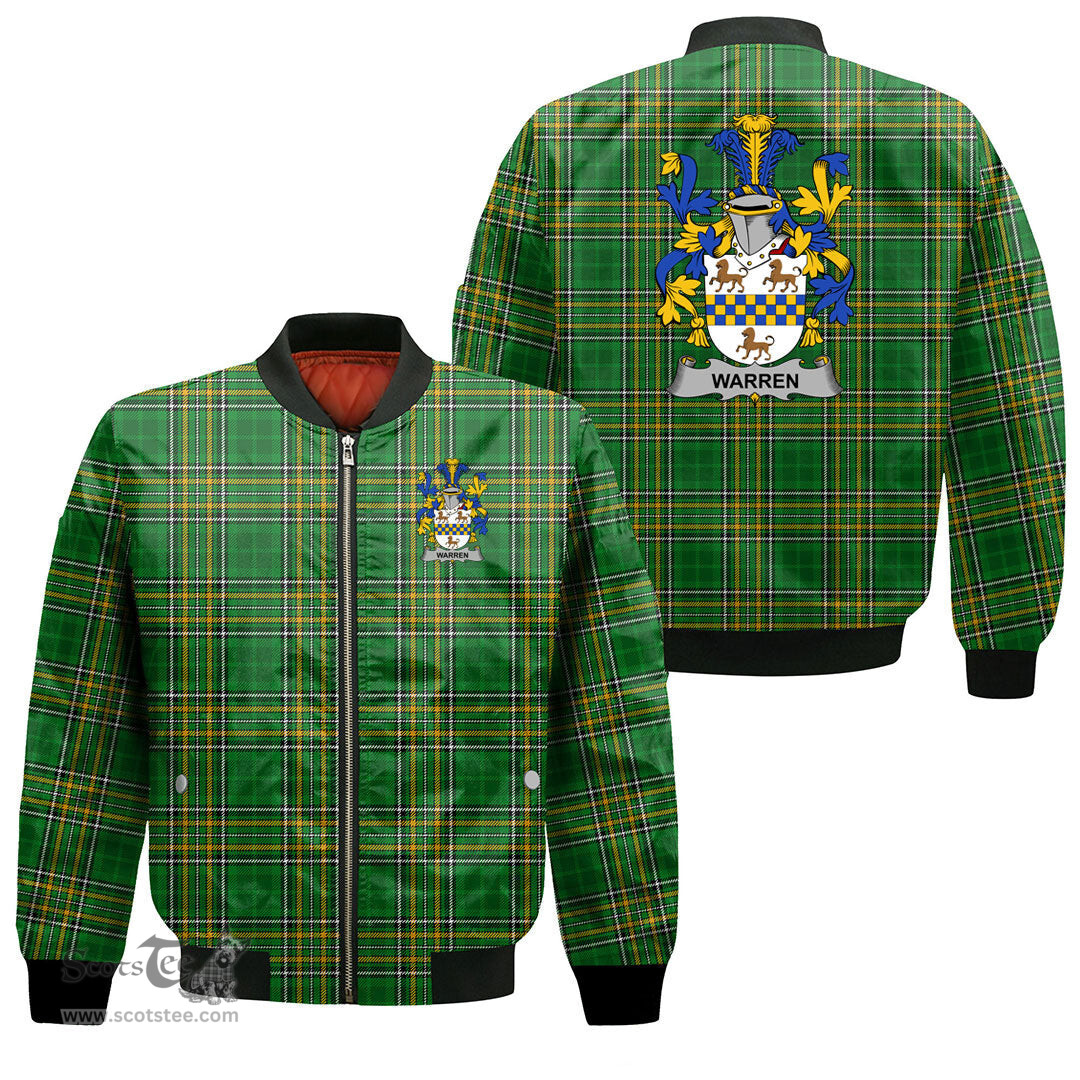 Irish Warren Coat of Arms Family Crest Ireland Bomber Jacket Irish National Tartan Irish County Jacket
