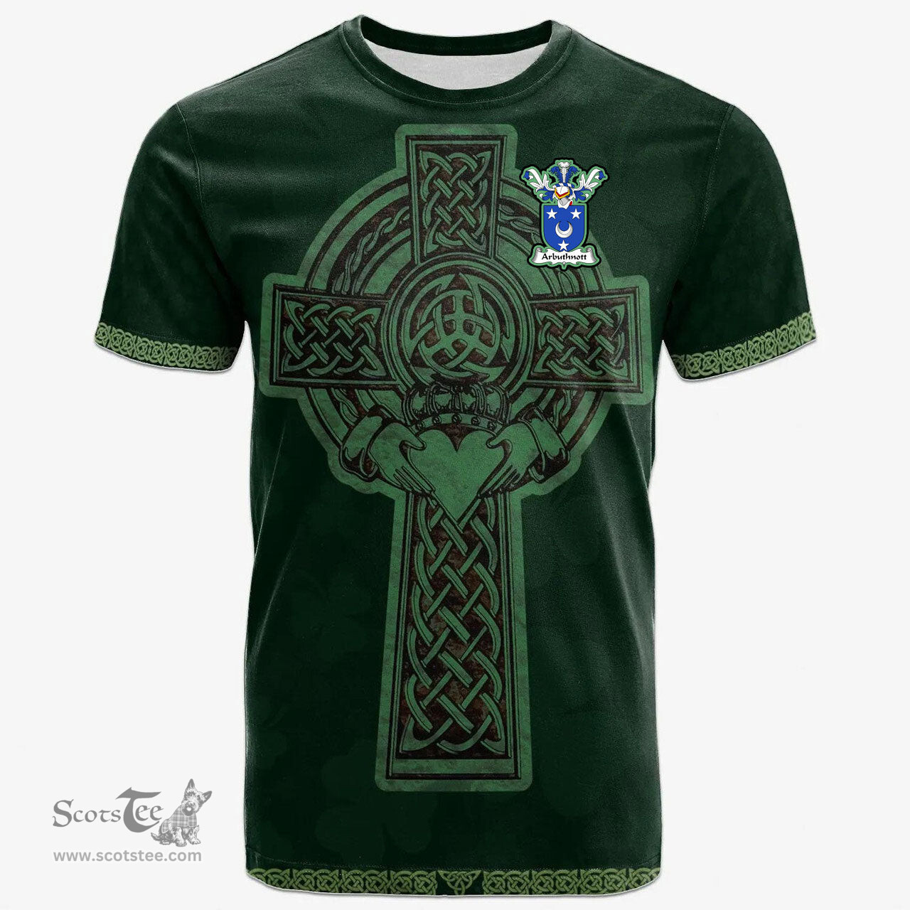 Irish Arbuthnott Coat of Arms Irish T Shirt Irish Cross with Celtic Knot and Claddagh Ring T Shirt