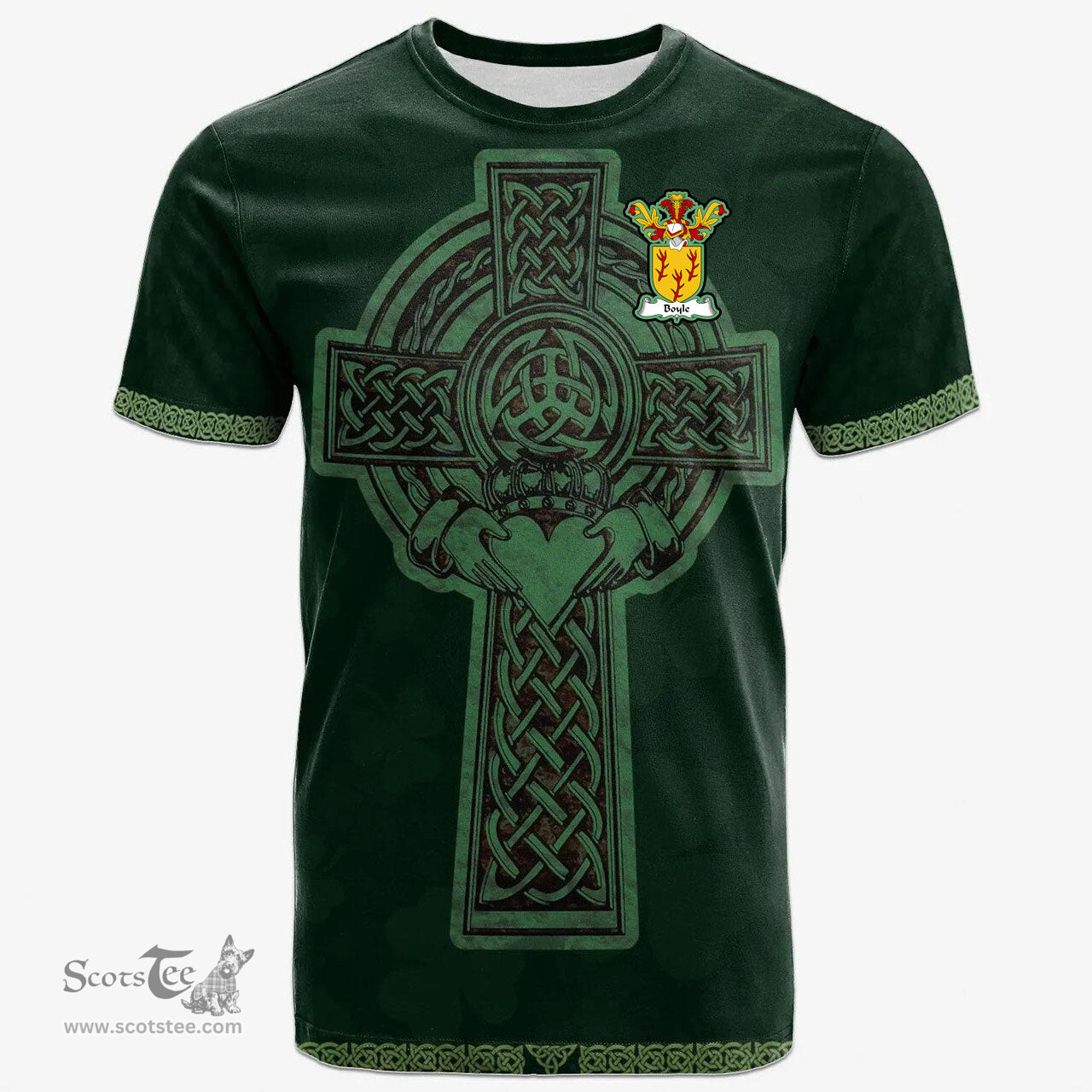 Irish Boyle Coat of Arms Irish T Shirt Irish Cross with Celtic Knot and Claddagh Ring T Shirt