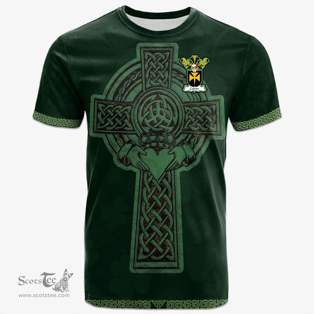 Irish Calzier Coat of Arms Irish T Shirt Irish Cross with Celtic Knot and Claddagh Ring T Shirt
