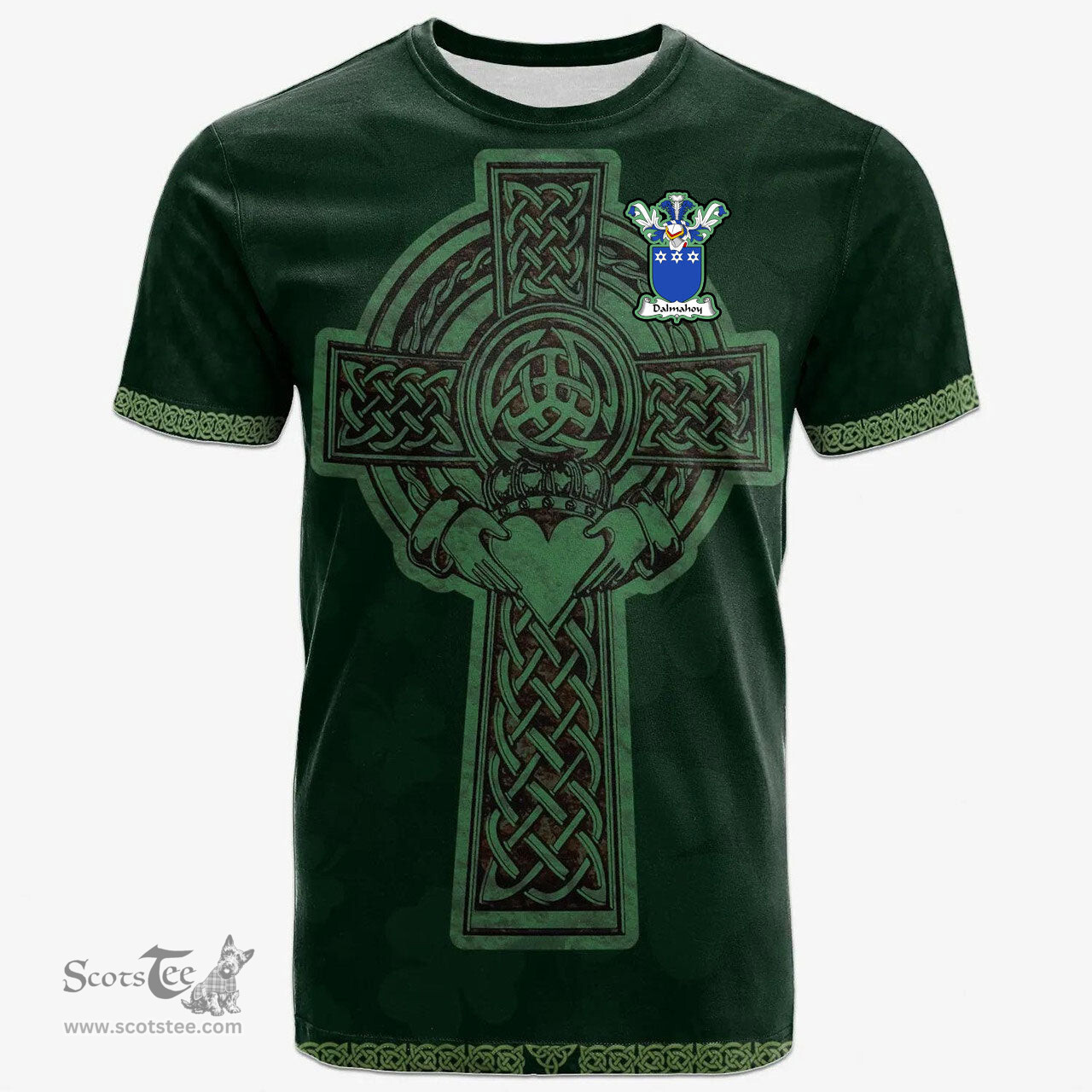 Irish Dalmahoy Coat of Arms Irish T Shirt Irish Cross with Celtic Knot and Claddagh Ring T Shirt