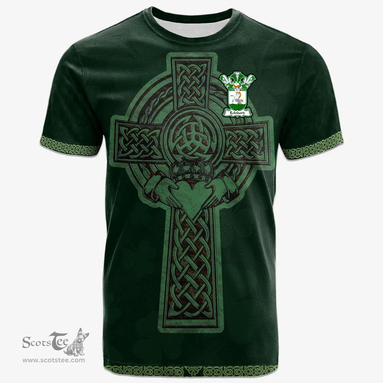 Irish Eckfoord Coat of Arms Irish T Shirt Irish Cross with Celtic Knot and Claddagh Ring T Shirt