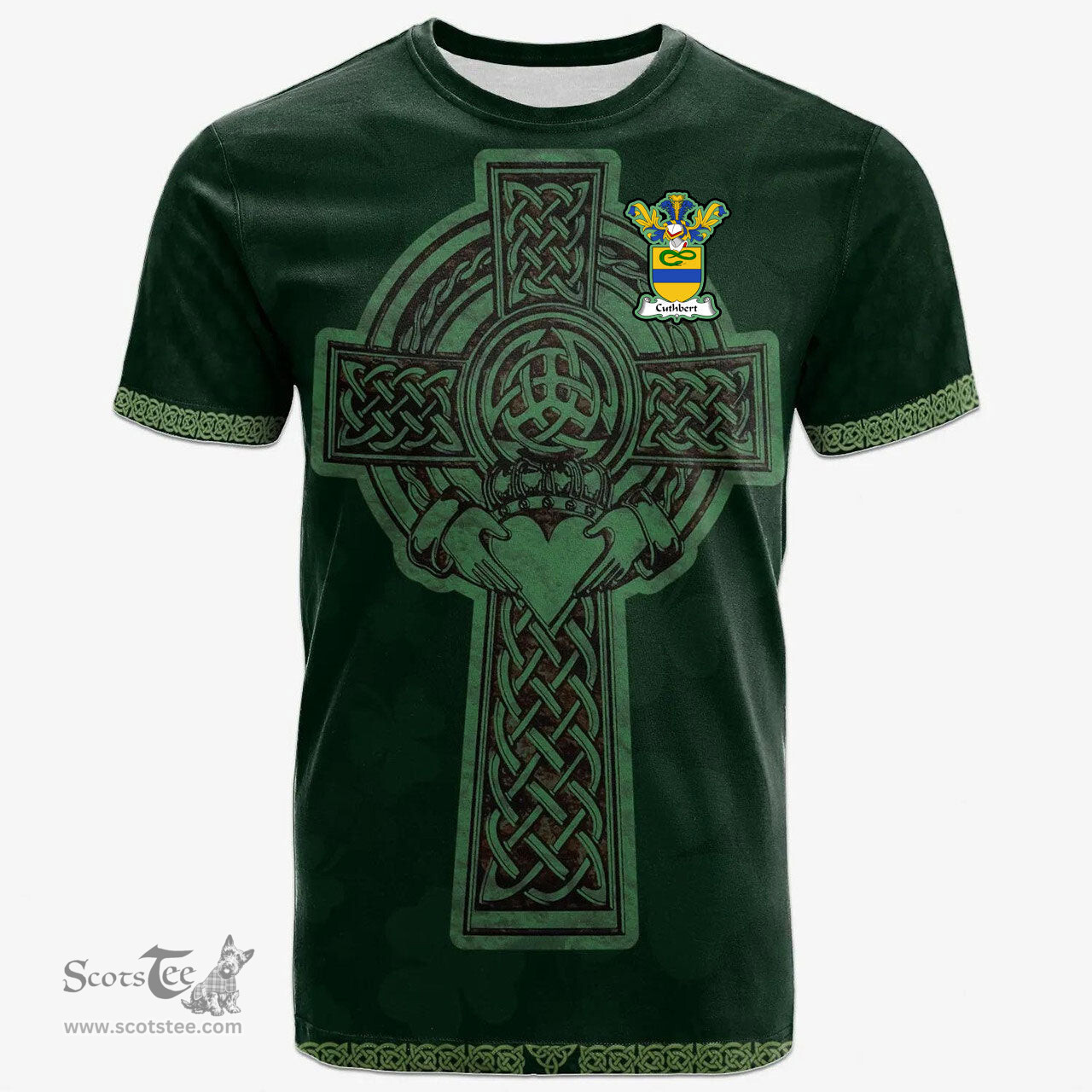 Irish Cuthbert Coat of Arms Irish T Shirt Irish Cross with Celtic Knot and Claddagh Ring T Shirt
