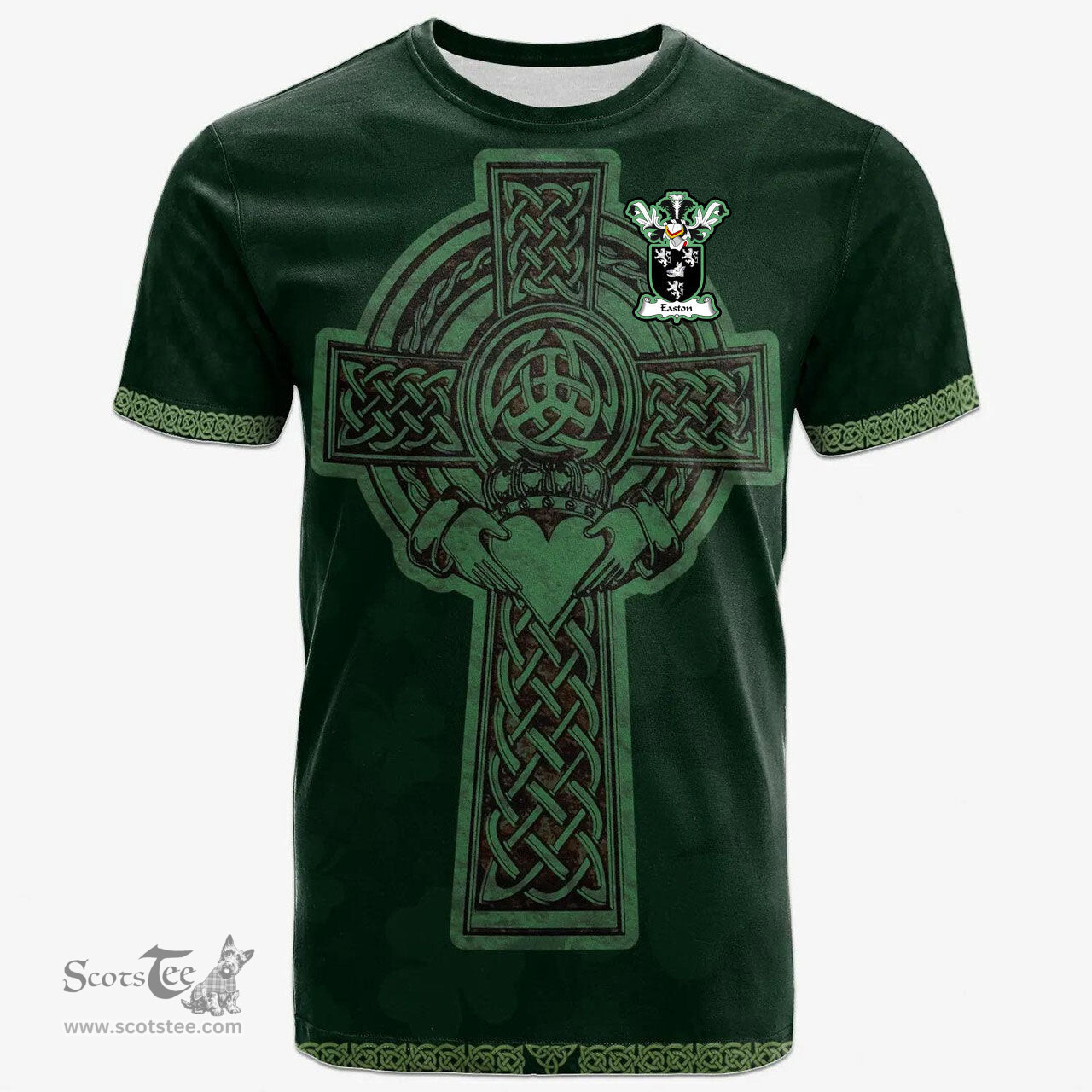 Irish Easton or Eiston Coat of Arms Irish T Shirt Irish Cross with Celtic Knot and Claddagh Ring T Shirt