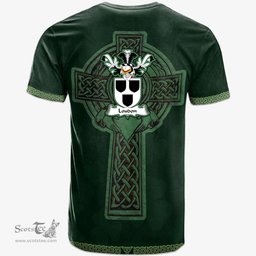 Irish Loudon or Loudoun Coat of Arms Irish T Shirt Irish Cross with Celtic Knot and Claddagh Ring T Shirt