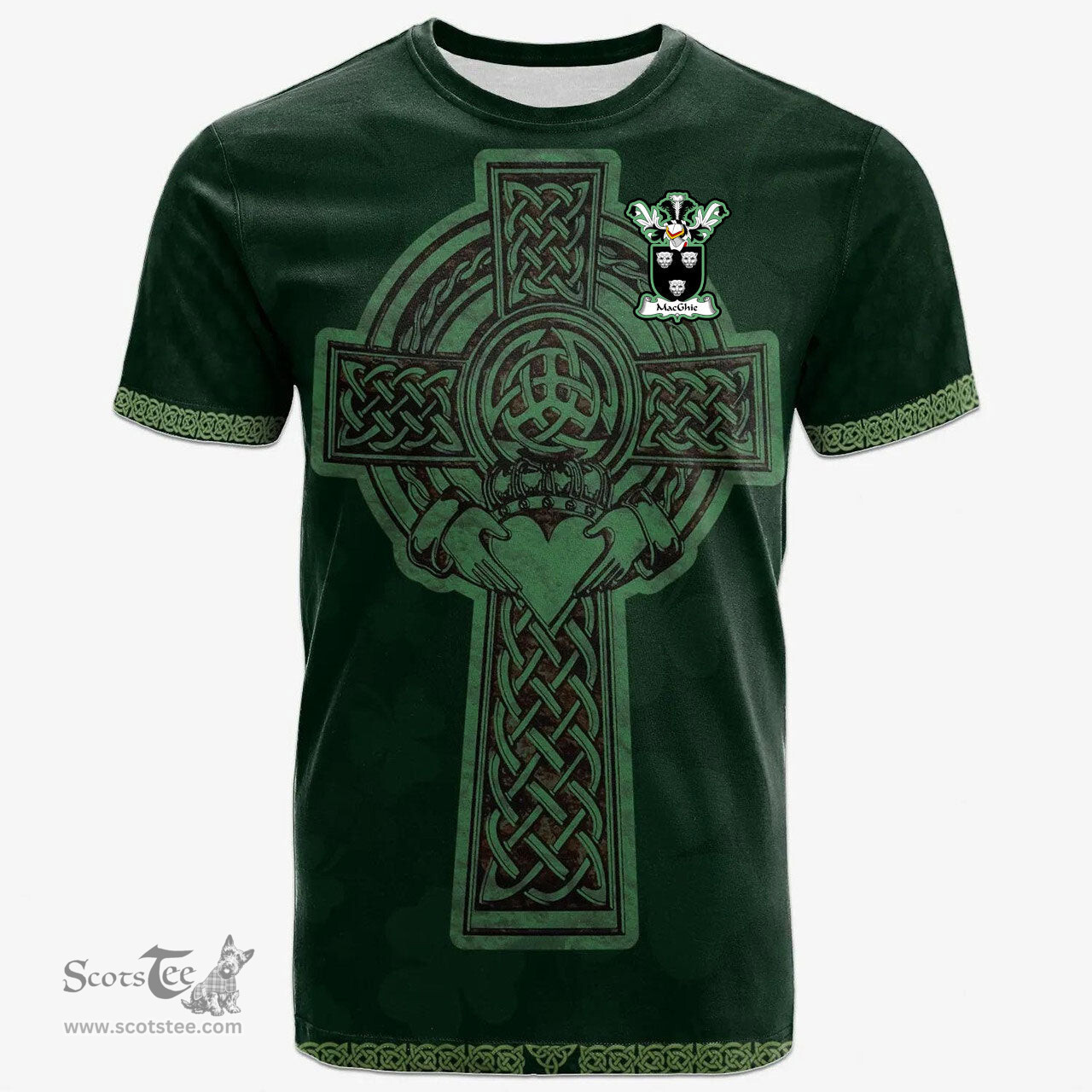 Irish MacGhie Coat of Arms Irish T Shirt Irish Cross with Celtic Knot and Claddagh Ring T Shirt