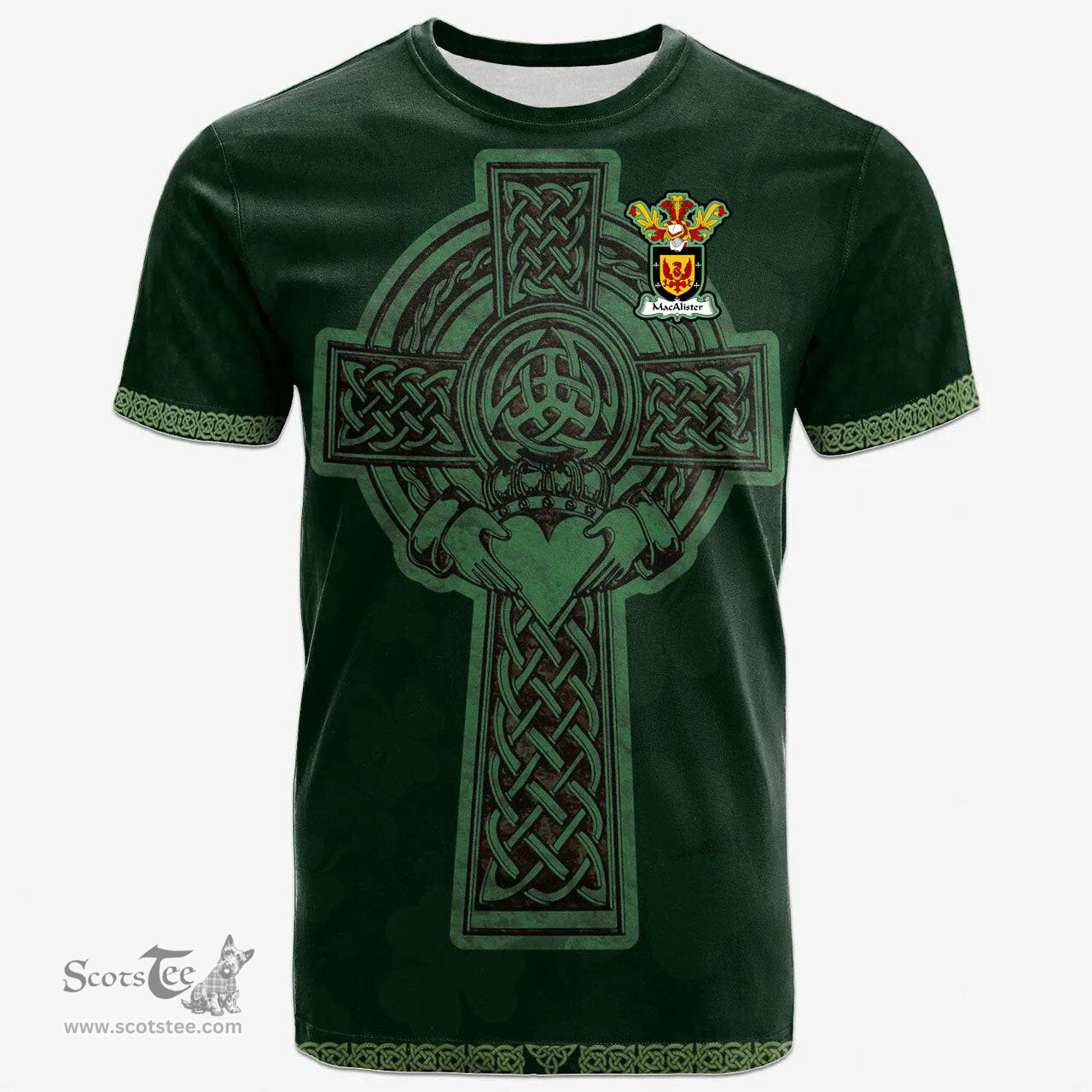 Irish MacAlister Coat of Arms Irish T Shirt Irish Cross with Celtic Knot and Claddagh Ring T Shirt